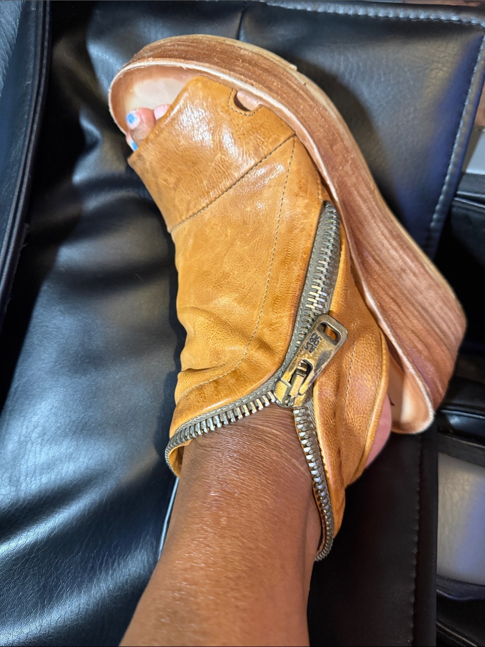 A.S.98 Free People Cognac Leather Open-Toe Zip Wedge Mules